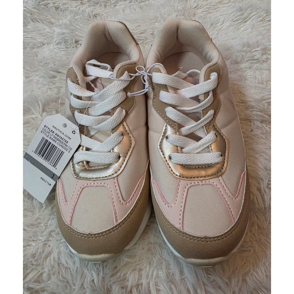 NWT Nautica Girls' Cundee S Lace-Up Fashion Sneakers - Tan/Bronze/Pink, Size 1